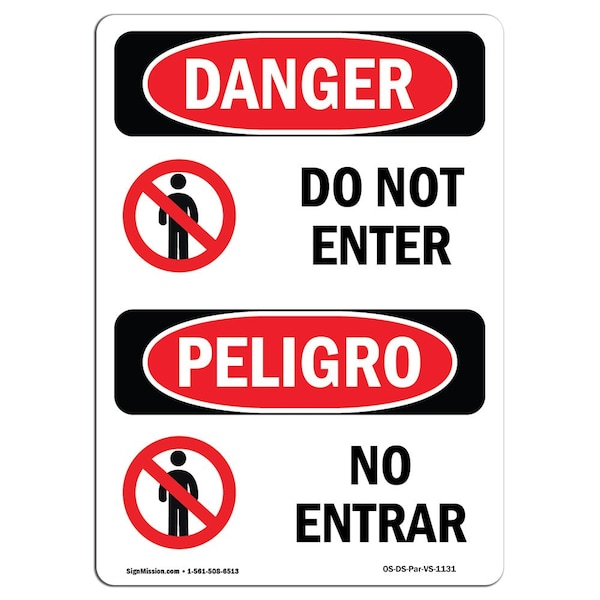 Safety Sign, OSHA Danger, 5" Height, Do Not Enter, Bilingual Spanish, 10PK